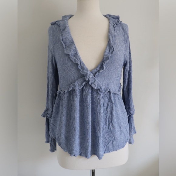 Blue American Eagle Ruffle Top with Bell Sleeves - Picture 2 of 9